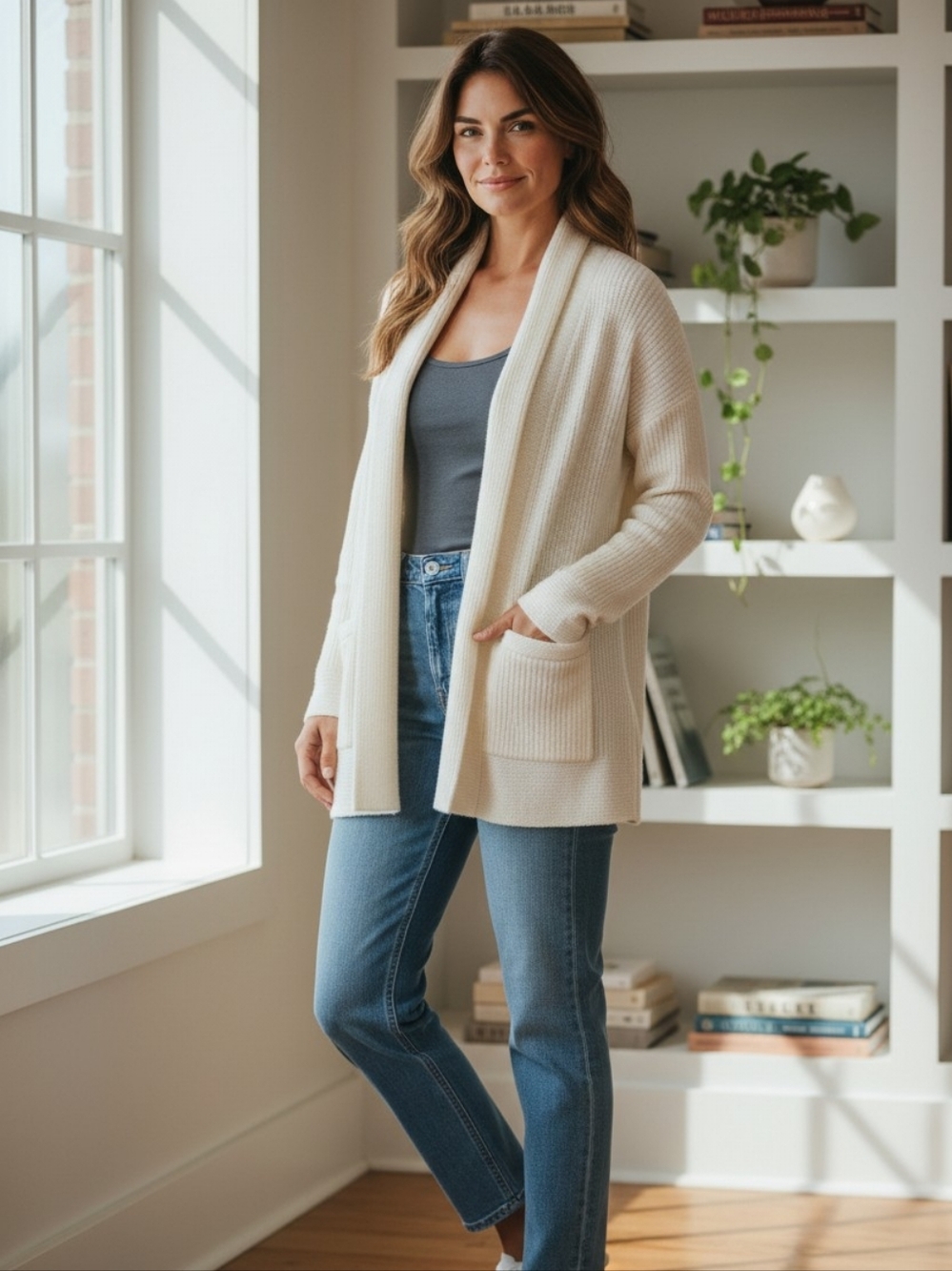 Talbots Cream Open-Front Ribbed Cardigan with Pockets